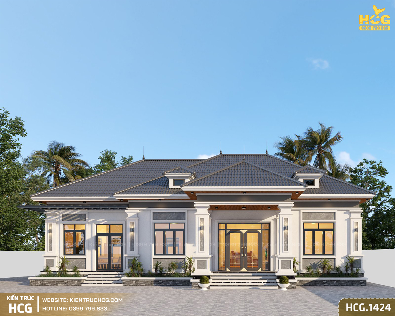 Mẫu nhà vườn 1 tầng mái Nhật 4 phòng ngủ đẹp tiện nghi, không gian sống lý tưởng | HCG.1424